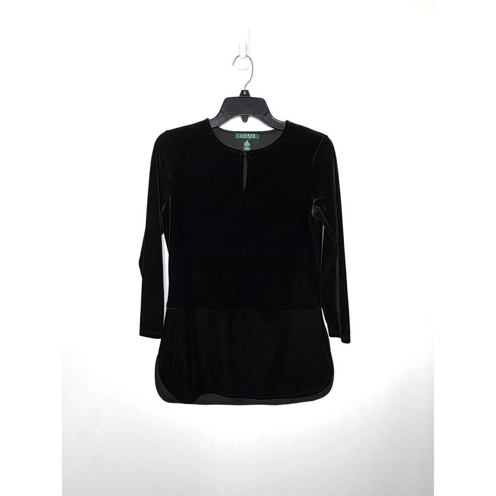 Lauren Ralph Lauren Black Velvet Velour Keyhole Tunic Top XS Chic Sophisticated